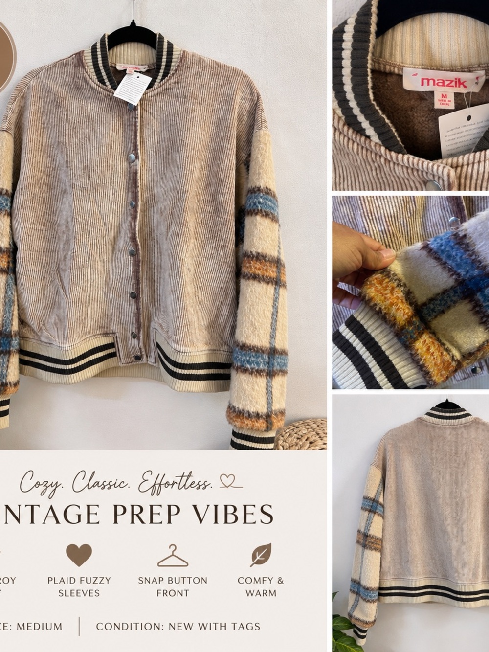 Mazik Beige Corduroy Bomber with Plaid Fuzzy Sleeves